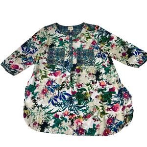 Fig & Flower Tunic Top Women's Size 2X Roll Tab Sleeve Boho Side Slits Floral